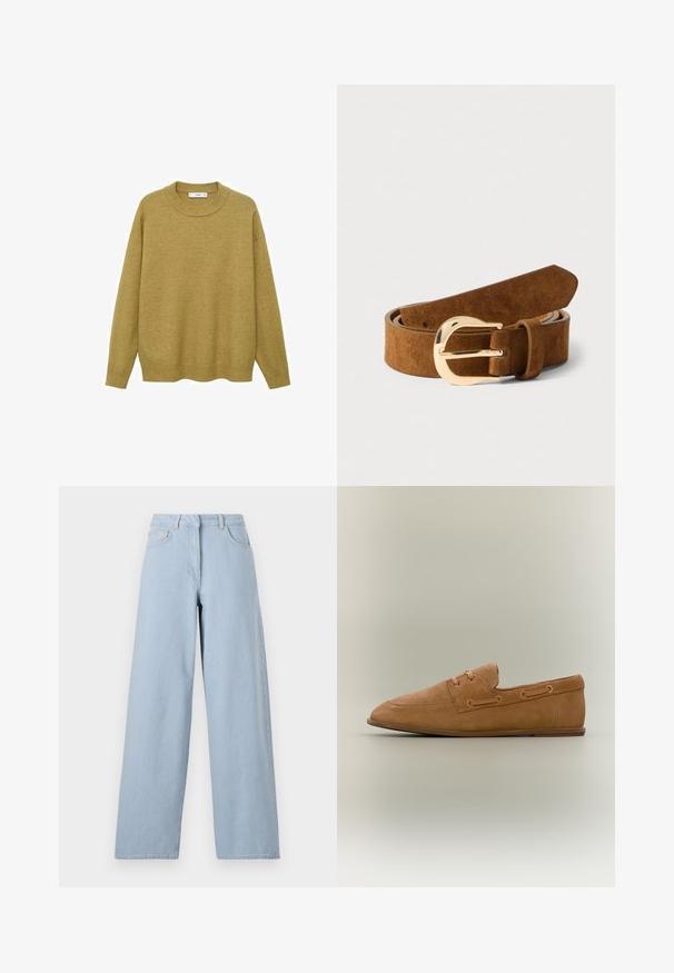 Pull en jaune moutarde, fait d'un tissu doux. Il présente un col rond côtelé et des manches longues avec une coupe régulière et un ourlet droit.; REMAIN COCOON PANTS - Wide Leg - light blue; Mocassin en daim marron à enfiler avec des détails en lacet et une semelle plate, présenté de profil sur un fond neutre.; Ceinture en daim marron avec une texture lisse, dotée d'une boucle en métal doré. Le design est simple avec une extrémité droite et effilée.