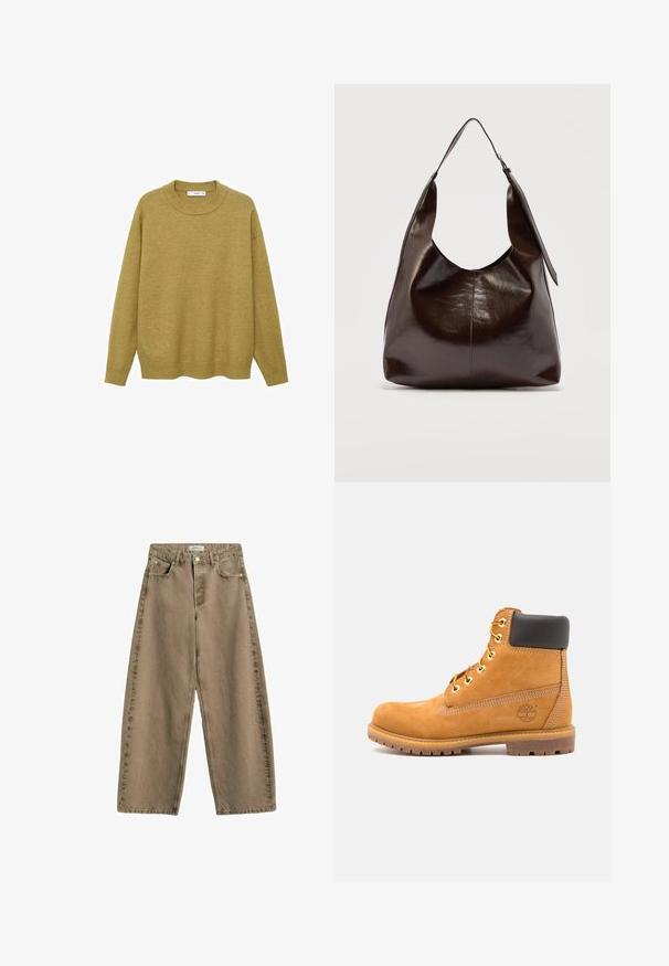 Suéter en color amarillo mostaza, fabricado con un tejido suave. Presenta un cuello redondo acanalado y mangas largas con un corte regular y un dobladillo recto.; Pantalones anchos de mezclilla beige con cierre frontal de botón y cremallera, trabillas para cinturón y diseño de cinco bolsillos.; Botín de cuero marrón con acolchado negro, ojales dorados y suela texturizada. Presenta un logotipo circular en el costado y acentos de costura.; Bolso de hombro de cuero marrón oscuro brillante con una sola correa ancha y detalle de hebilla en un lado, colocado sobre un fondo claro y sencillo.