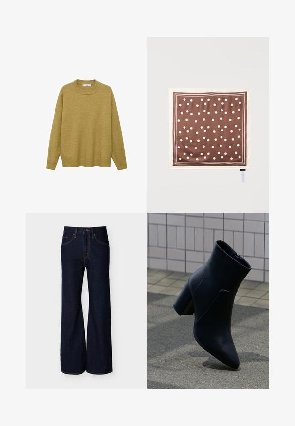 Pull en jaune moutarde, fait d'un tissu doux. Il présente un col rond côtelé et des manches longues avec une coupe régulière et un ourlet droit.; Pantalon en denim bleu foncé avec une taille haute, coupe à jambes larges, poches avant, fermeture par bouton et fermeture éclair.; Bottine en cuir noir avec talon bloc, bout pointu et fermeture éclair latérale, posée sur un trottoir rugueux près d'un mur carrelé.; Foulard carré marron à pois blancs avec une bordure blanche double, présenté à plat avec une étiquette de soin visible dans le coin inférieur.