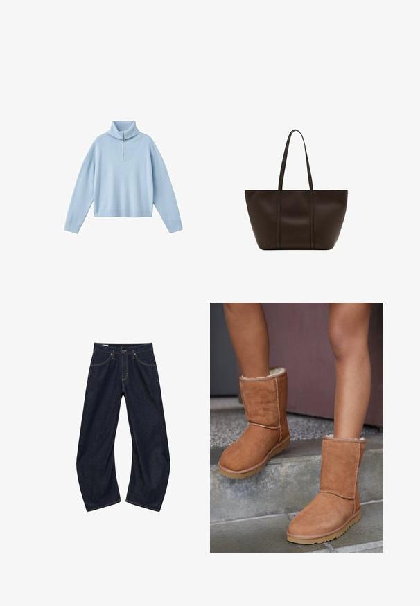 Lyseblå sweater med høj krave, halv lynlås og sænkede skuldre. Fremstillet af blødt strikstof med løs pasform.; Mørkeblå jeans med vide ben, forlommer, bæltestropper og knaplukning, vist fladt på hvid baggrund.; Brune ruskind ankelstøvler med rund tå, blødt foer og gummisål, der har synlige stikninger langs sømmene.; Stor mørkebrun læder-tote med to lange hanke, enkelt design, glat tekstur og ingen synlige logoer eller udsmykninger.