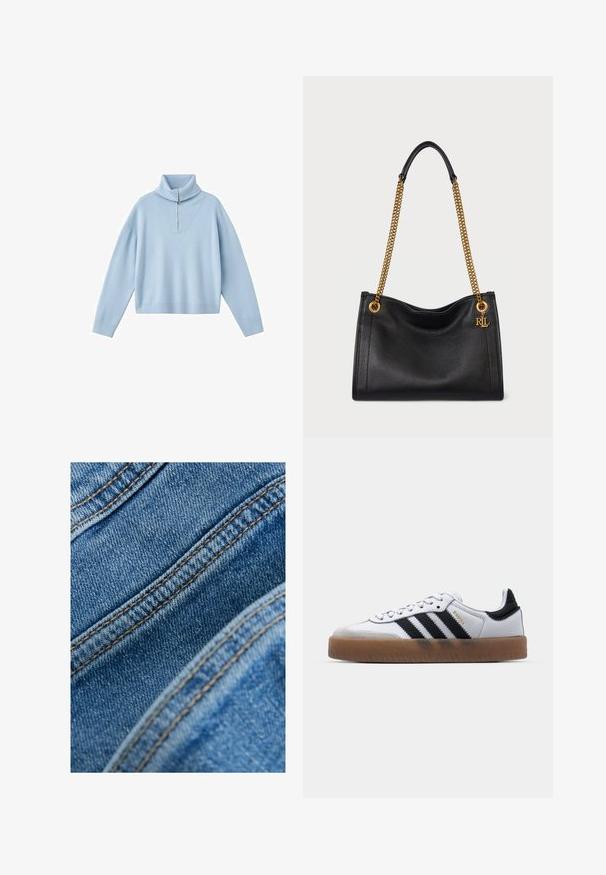 Lyseblå sweater med høj krave, halv lynlås og sænkede skuldre. Fremstillet af blødt strikstof med løs pasform.; Denimstof i blå nuancer med synlige sømme i en kontrastfuld gylden farve, der viser en tekstureret overflade og diagonale folder.; Hvide lædersneakers med sorte striber, gummirubber sål, rund tå, snørelukning og blød grå ruskinds tåhætte.; Sort læderhåndtaske med tekstureret finish, udstyret med en guldkædetræk og cirkulært hardware, accentueret af et logocharme.