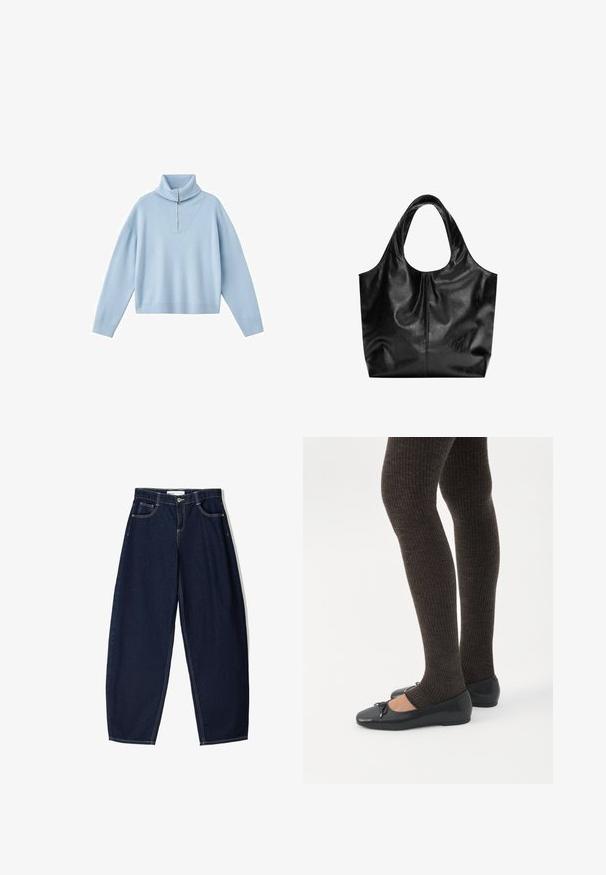 Lyseblå sweater med høj krave, halv lynlås og sænkede skuldre. Fremstillet af blødt strikstof med løs pasform.; Mørkeblå denimbukser med løs pasform, der har fem lommer, kontrasterende syninger og lynlåslukning foran.; Ben iført mørke ribbede leggings kombineret med sorte balletsko med små sløjfedetaljer på hvid baggrund.; Sort læder tote taske med en glat overflade, en blød, afrundet top og brede håndtag. Har minimal syning og en afslappet silhuet.