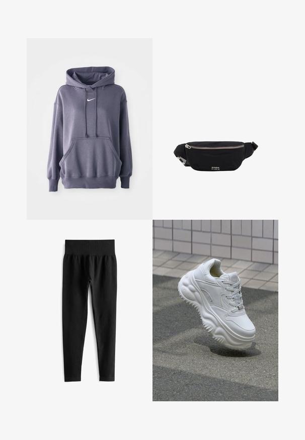 Sudadera gris con un bolsillo canguro frontal, capucha con cordones y un logo blanco en el pecho. El material parece suave y texturizado. Puños y dobladillo acanalados.; Leggings negros acanalados con una amplia cinturilla elástica, que presentan una silueta ajustada y una textura suave. Sin hardware visible ni patrones.; Zapatilla blanca de cuero con suela gruesa, detalles texturizados y cierre con cordones. Presenta acentos moldeados y un acabado suave.; Riñonera de tela negra con cremallera plateada y correa ajustable, con pequeño logo blanco "Bimba y Lola" en el frente.