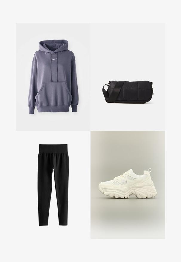 Sudadera gris con un bolsillo canguro frontal, capucha con cordones y un logo blanco en el pecho. El material parece suave y texturizado. Puños y dobladillo acanalados.; Leggings negros acanalados de cintura alta con una ancha cinturilla elástica y piernas ajustadas de largo completo sobre un fondo blanco.; Zapatilla blanca gruesa con suela gruesa y texturizada, paneles de malla, cierre de cordones en la parte delantera y tira en el talón sobre un fondo neutro.; Bolsa acolchada negra con forma cilíndrica, hecha de material suave. Cuenta con una correa negra y accesorios de metal plateado. Cierre con cremallera.