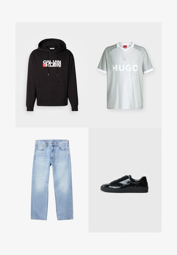 Sudadera negra con bolsillo frontal, capucha con cordones y logo de marca en blanco y rojo. Fabricada en una tela suave con puños y dobladillo acanalados.; Camiseta deportiva de manga corta color gris claro con ribete blanco, texto "HUGO" en el pecho y un pequeño emblema encima del texto en la parte delantera.; Vaqueros de mezclilla azul claro de pierna recta con bolsillos delanteros, trabillas para cinturón, cierre de botones y una pequeña etiqueta de Calvin Klein en el bolsillo delantero derecho.; Zapatillas de charol negro con punta redonda, diseño con cordones, suela de goma texturizada y acabado suave.