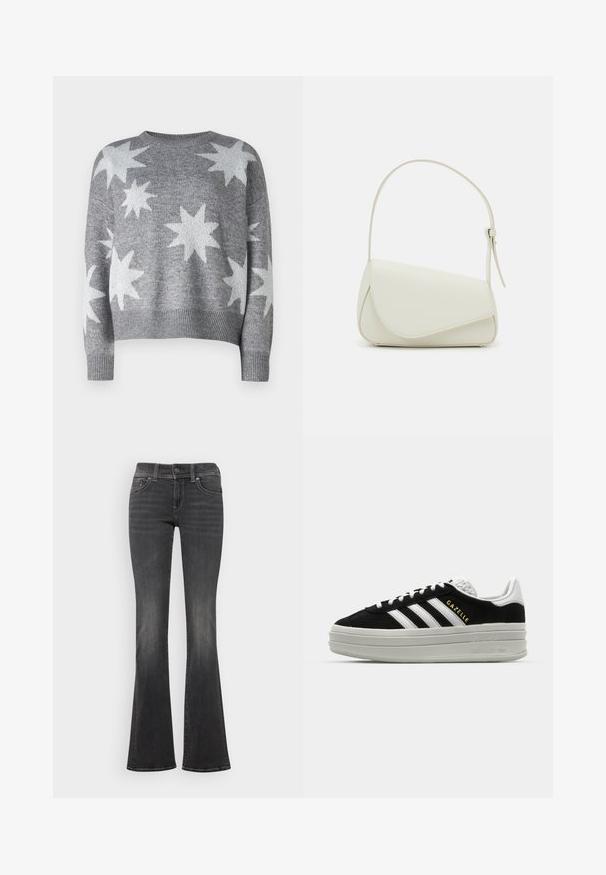 Suéter gris de punto con patrones de estrellas blancas, escote redondeado y puños y dobladillo acanalados. Diseño recortado con una textura suave.; Jeans de denim gris oscuro con un sutil lavado descolorido, cintura de altura media, cierre de botón y ligera campana en los dobladillos.; Zapatillas negras de ante con detalles en cuero blanco, tres rayas blancas, cordones planos y una gruesa suela de plataforma gris. Marca "Gazelle" en dorado.; Bolso de mano de imitación cuero blanco con una forma triangular estructurada, correa ajustable única y cierre con solapa acentuada en curva.