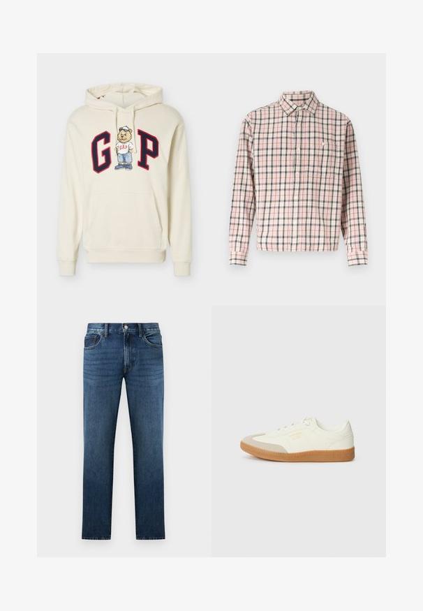 Sweat à capuche crème avec de grandes lettres "G" et "P" encadrées en rouge et un ours dessin animé portant un t-shirt, une casquette, un short et des chaussures GAP au centre.; Chemise à manches longues boutonnée avec un motif à carreaux rose, blanc et gris, dotée d'une poche poitrine unique avec un bouton.; Jean en denim bleu foncé à coupe droite avec fermeture à bouton et fermeture éclair à l'avant, poches avant et arrière, présenté sur fond blanc.; Baskets en cuir blanc avec une coque beige et une semelle en caoutchouc marron clair. Dotées de lacets blancs plats et d'un logo embossé sur le côté.