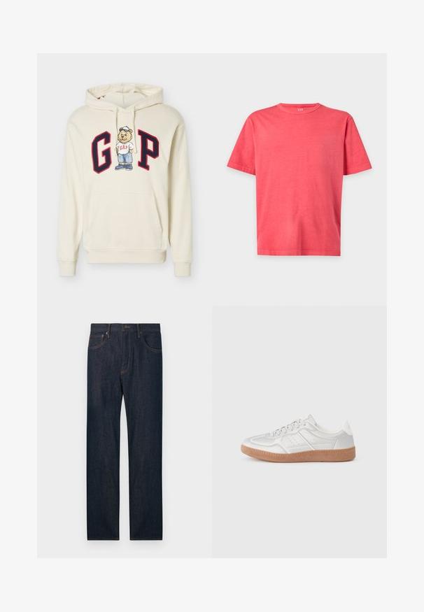 Sweat à capuche crème avec de grandes lettres "G" et "P" encadrées en rouge et un ours dessin animé portant un t-shirt, une casquette, un short et des chaussures GAP au centre.; T-shirt uni rose corail vif à manches courtes et col rond avec une coupe régulière sur fond blanc.; Jean en denim bleu foncé à jambes droites avec poches avant et arrière, un bouton et des passants pour ceinture.; Baskets argentées avec une texture lisse, un design à lacets, des accents perforés et une semelle en caoutchouc marron texturé.