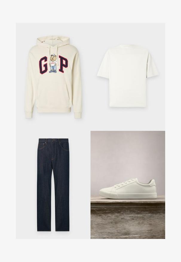 Sweat à capuche crème avec de grandes lettres "G" et "P" encadrées en rouge et un ours dessin animé portant un t-shirt, une casquette, un short et des chaussures GAP au centre.; T-shirt blanc uni à manches courtes et col rond avec une coupe décontractée, présenté sur un fond gris clair.; Jean en denim bleu foncé à jambes droites avec poches avant et arrière, un bouton et des passants pour ceinture.; Sneaker en dentelle blanche flottant au-dessus d'un banc en bois avec un feuillage vert en arrière-plan, mettant en valeur le design et la texture de la chaussure.