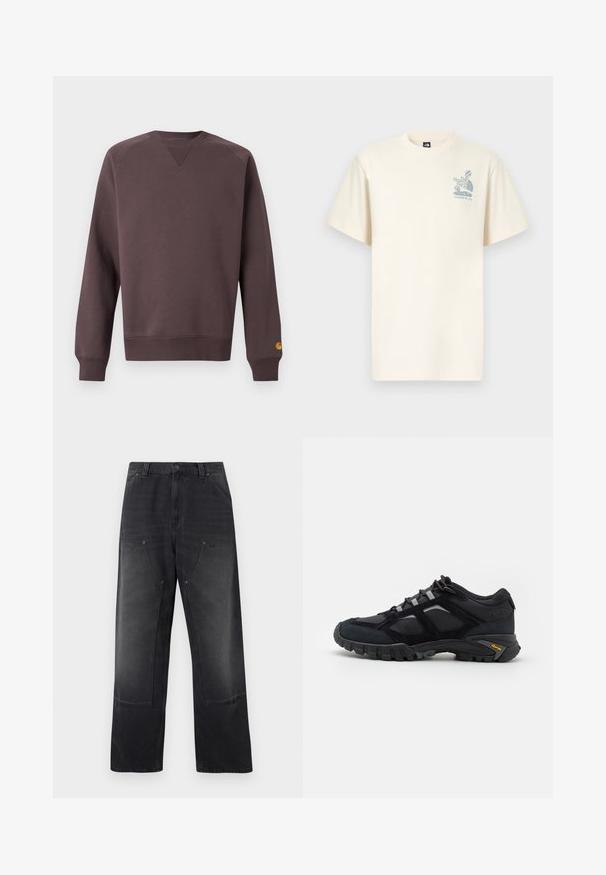 Sweat-shirt marron avec un tissu texturé, col rond côtelé et poignets. Présente un petit logo jaune sur la manche gauche.; T-shirt en coton couleur crème à manches courtes, avec un logo graphique bleu de The North Face et le texte « Yosemite, CA » sur la poitrine.; Jean noir à jambe large avec poches plaquées à l'avant, passants pour ceinture, et fermeture par bouton et zip.; Chaussure extérieure noire en daim et en maille avec une semelle robuste. Présente des accents gris et une marque Vibram sur le côté. Design à lacets.