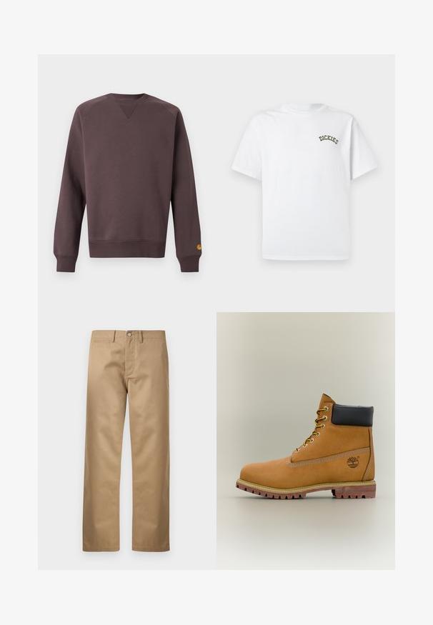 Sweat-shirt marron avec un tissu texturé, col rond côtelé et poignets. Présente un petit logo jaune sur la manche gauche.; T-shirt en coton blanc à manches courtes et col rond. Présente un logo "DICKIES" vert brodé sur la zone gauche de la poitrine.; Pantalons chinos couleur sable en tissu de coton lisse, avec une coupe classique à jambe droite, des poches avant et une seule poche arrière.; Bottine en cuir marron avec col noir, lacets jaunes et semelle beige. Présente un logo et des détails de couture blanche. Semelle extérieure à traction robuste.