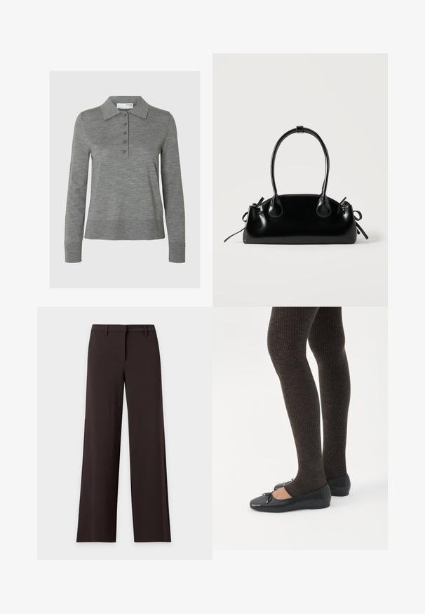 Polo gris à manches longues fabriqué en matériau doux, avec un col, une patte de boutonnage demi-ouverte avec cinq boutons et des poignets côtelés.; Pantalon noir à jambes larges avec passants pour ceinture et fermeture avant dissimulée, présenté à plat sur un fond clair.; Jambes portant des leggings côtelés foncés associés à des ballerines noires avec de petits détails en nœud sur fond blanc.; Petit sac à main noir brillant avec deux longues anses et des détails à cordon sur les côtés sur un fond clair uni.