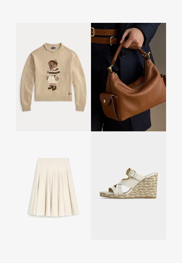 Pull en tricot beige avec un ours brodé portant une tenue blanche avec des accents marron et des bottes. Poignets et ourlet côtes. "R.L." brodé sur le côté.; Jupe plissée couleur crème avec une taille haute et un ourlet évasé, réalisée dans un tissu lisse.; Sandale compensée blanche avec plateforme en jute tressée, brides croisées à l’avant et bride de cheville avec boucle dorée sur fond gris clair.; Main tenant un sac à main en cuir marron avec des ferrures dorées, portée avec une tenue foncée comprenant une double ceinture marron.