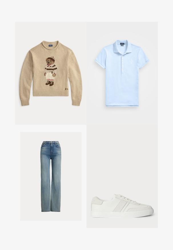 Beige gebreide trui met een geborduurde beer die een witte outfit met bruine accenten en laarzen draagt. Geribde manchetten en onderkant. "R.L." gestikt aan de zijkant.; Lichtblauw poloshirt van zacht katoen. Heeft een kraag, korte mouwen, een knoopsluiting met drie knopen en een klein wit logo op de borst.; Hoge taille, rechte pijpen blauwe jeans met voorzakken, riemlussen en knoopsluiting, met subtiele vervaagde details.; Witte sneaker met een glad leren bovenzijde, suède accenten en platte veters. Voorzien van een geëxtraheerde rubberen zool en een minimalistisch ontwerp.