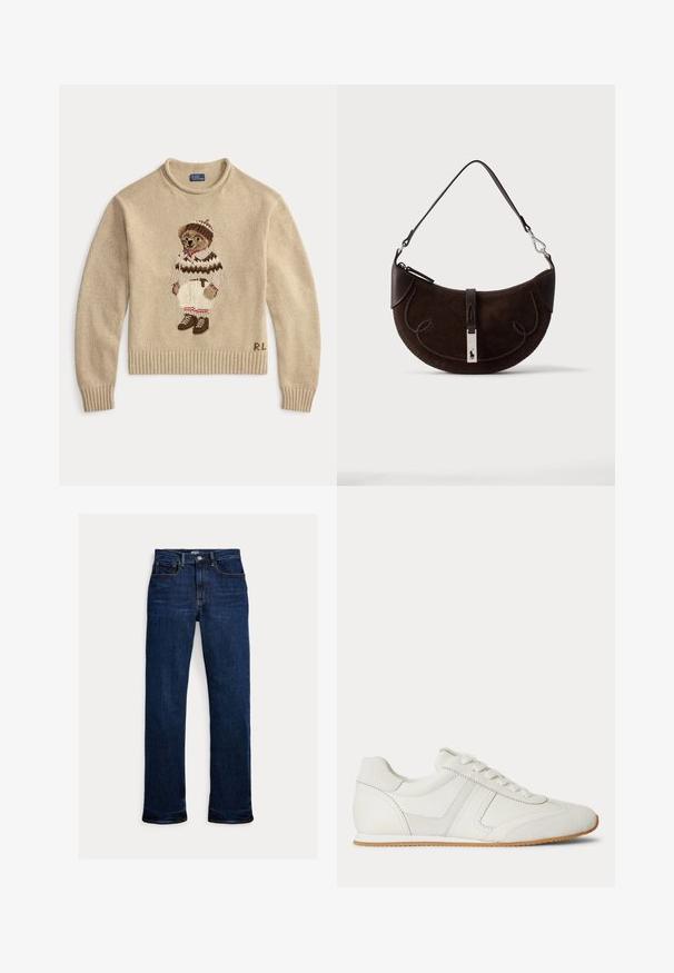 Beige strikket sweater med en broderet bjørn iført et hvidt outfit med brune accenter og støvler. Ribbet manchetter og kant. "R.L." broderet på siden.; Mørkeblå straight-leg jeans med frontknap og lynlås, fem-lomme design og synlige syninger.; Hvid lavtop sneaker med snørelukning foran, ruskind- og læderpaneler og en lysebrun gummisål på en hvid baggrund.; Polo Ralph Lauren POLO ID SUEDE WESTERN MINI SHOULDER BAG - Håndtasker - chocolate/tobacco