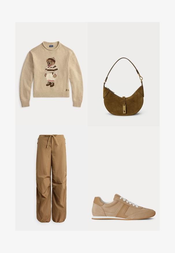 Beige strikket sweater med en broderet bjørn iført et hvidt outfit med brune accenter og støvler. Ribbet manchetter og kant. "R.L." broderet på siden.; Brune løstsiddende bukser med elastisk snørelukning i taljen, lynlåslommer i siden og elastiske manchetter ved anklerne.; Lysebrun ruskind og læder lavtop-sneaker med hvide snørebånd og hvid gummisål vist fra siden på en hvid baggrund.; Brun ruskinds håndtaske med en buet form, guldfarvet hardware og lynlås lukning. Har en kort, justerbar skulderrem.