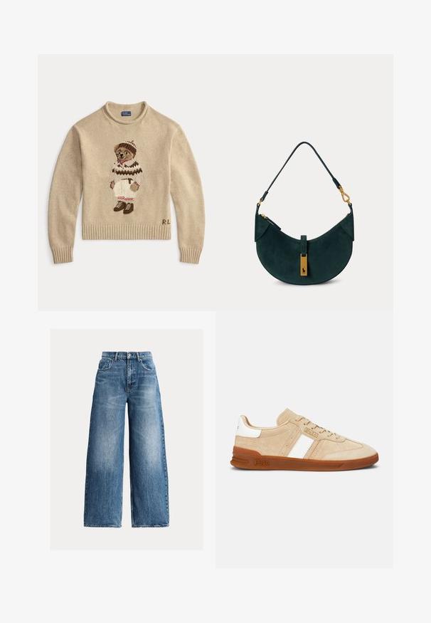 Beige strikket sweater med en broderet bjørn iført et hvidt outfit med brune accenter og støvler. Ribbet manchetter og kant. "R.L." broderet på siden.; Blå vidde cowboybukser med fem lommer, knaplukning og falmede detaljer foran og på lårene.; Beige ruskindssneakers med hvide striber, gummisål og brune detaljer. Har en tekstureret overflade og en logo på siden.; Mørkegrøn ruskind skuldertaske med buet form, guldtonet hardware og en kort rem med låsedetaljer.