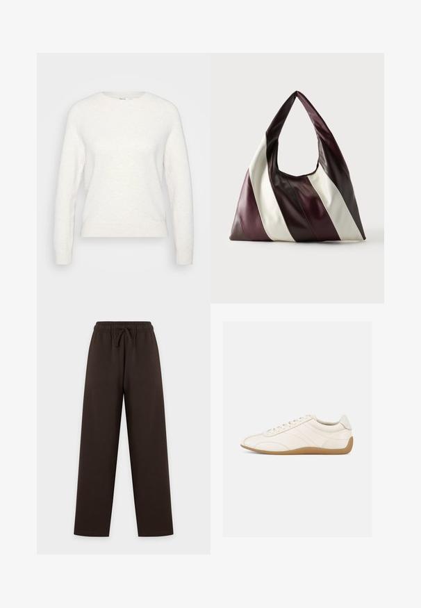 Weißer langärmliger Pullover mit Rundhalsausschnitt, gerippten Bündchen und Saum, auf einem schlichten hellgrauen Hintergrund präsentiert.; Dunkelbraune Hosen mit weitem Bein und elastischem Kordelzugbund, flach auf hellem Hintergrund ausgebreitet.; Weißer Ledersneaker mit glatter Textur, abgerundetem Zehenbereich und tonalen Nähten. Verfügt über eine braune Gummisohle und eine Schnürverschluss.; Große dreieckige Ledertasche mit breiten diagonalen Streifen in Dunkelbraun, Burgunderrot und Cremefarben vor einfachem Hintergrund.