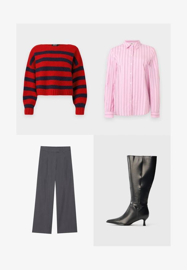 Rød og marineblå stribet cropped sweater med ribbet kant og lange ærmer, lavet af blødt strikmateriale. Mærket hævder "ONLY."; Lyserød langærmet skjorte med knapper, med tynde lodrette sorte og hvide striber, klassisk krave og knaplukninger ved manchetterne.; Grå vidde benbukser med en glat tekstur, der har et plisset design foran og en standard talje for en komfortabel pasform.; Sort knæhøj læderstøvle med spids tå og lav kittenhæl, vist på en enkel lys baggrund.