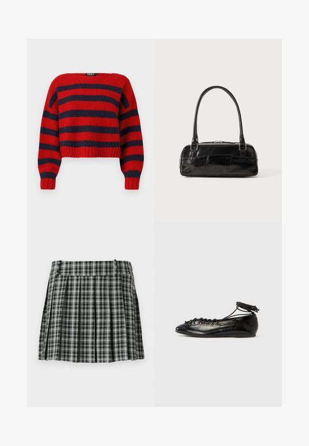 Rød og marineblå stribet cropped sweater med ribbet kant og lange ærmer, lavet af blødt strikmateriale. Mærket hævder "ONLY."; Sort-hvidt ternet plisseret nederdel med en glat talje og flere lodrette folder. Fremstillet af let stof.; Sorte balletflade sko i laklæder med rundet tå, snørelukning og flad sål. Glat tekstur med få detaljer.; Sort læderhåndtaske med rektangulær form, der har et enkelt struktureret håndtag, sølvhardware og lynlås-lukning. Glat tekstur.