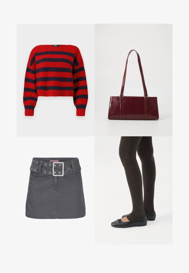 Pull crop rayé rouge et navy avec un ourlet côtelé et des manches longues, fabriqué en matière tricot douce. L'étiquette indique "ONLY."; Jupe mini en coton gris avec une large ceinture ornée d'œillets en argent et d'une boucle en métal carrée, conçue avec une silhouette épurée et droite.; Jambes portant des leggings côtelés foncés associés à des ballerines noires avec de petits détails en nœud sur fond blanc.; Sac à main bordeaux en matériau brillant, de forme rectangulaire, avec deux anses et des accents légèrement courbés à l'avant.