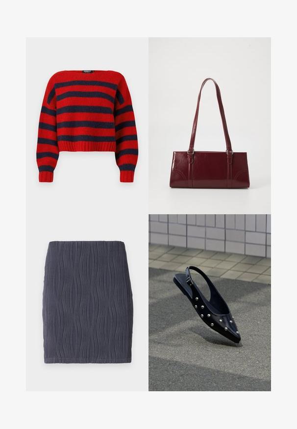 Pull crop rayé rouge et navy avec un ourlet côtelé et des manches longues, fabriqué en matière tricot douce. L'étiquette indique "ONLY."; Mini jupe moulante gris foncé avec un motif texturé en vagues et une finition lisse. Conçue avec un ourlet simple et droit.; Chaussure slingback noire à bout pointu avec des clous argentés, flottant au-dessus d'un bitume près d'un mur carrelé en arrière-plan.; Sac à main bordeaux en matériau brillant, de forme rectangulaire, avec deux anses et des accents légèrement courbés à l'avant.