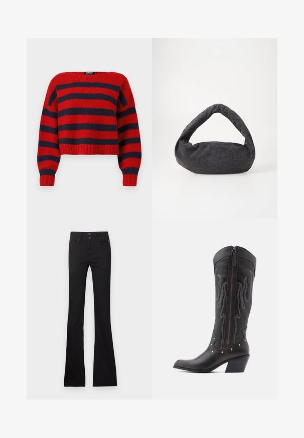Rød og marineblå stribet cropped sweater med ribbet kant og lange ærmer, lavet af blødt strikmateriale. Mærket hævder "ONLY."; Sorte højtaljede flared jeans med forlommer, bæltestropper og toknapslukning på ensfarvet baggrund.; Brune læder cowboystøvler med flammebroderi, sidelukning med lynlås, sølvnitter, spids snude og lagdelt hæl.; Mørkegrå stofpose med et buet håndtag, blød tekstur og rund form. Ingen synligt hardware eller pynt.