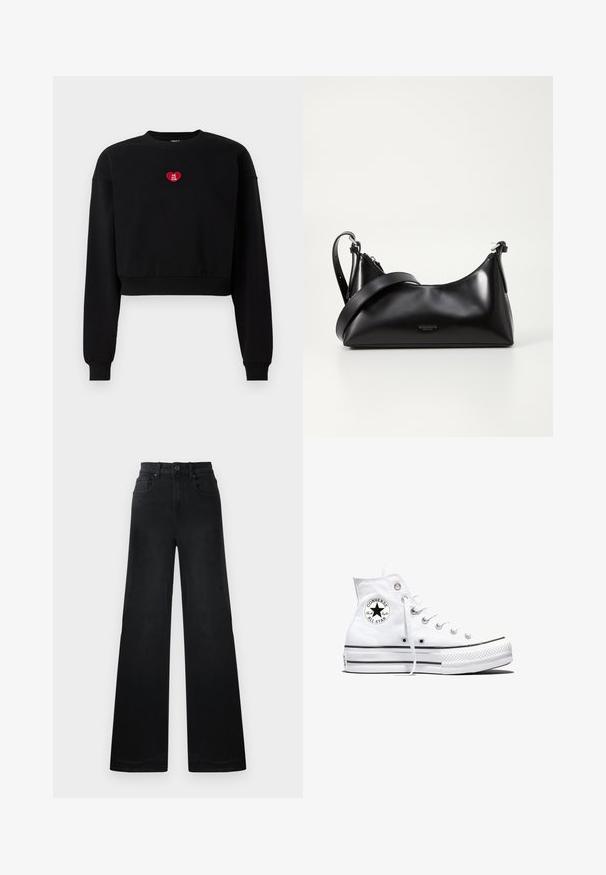 Zwarte cropped sweatshirt met lange mouwen, geribde manchetten en een rode hartpatch met de tekst "LOVE YOU CLUB" op de borst.; Zwarte denim broeken met wijde pijpen en een strakke taille, voorzien van riemlussen, voor- en achterzakken, en een gladde textuur.; Witte hoge Converse Chuck Taylor All Star sneaker met zwart logopatch en witte veters, weergegeven op een witte achtergrond.; Zwarte leren handtas met een gladde textuur. Beschikt over een verstelbare schouderband en een strak, minimalistisch ontwerp met een ritssluiting.