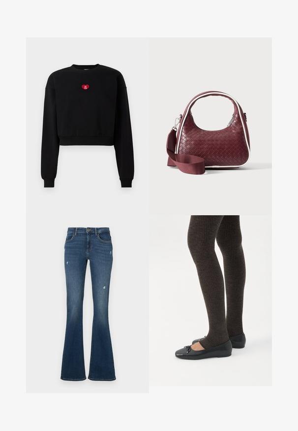 Zwarte cropped sweatshirt met lange mouwen, geribde manchetten en een rode hartpatch met de tekst "LOVE YOU CLUB" op de borst.; Wijde spijkerbroek in donkerblauw met verweerde stukken. Voorzien van vijf zakken en een ritsluiting. Mediumgewicht stof met een gladde textuur.; Benen met donkere geribbelde leggings gecombineerd met zwarte ballerina's met kleine strikdetails op een witte achtergrond.; Donkerrode geweven leren handtas met gebogen handvat, witte bies, zilveren rits en afneembare brede stoffen schouderriem tegen een effen achtergrond.