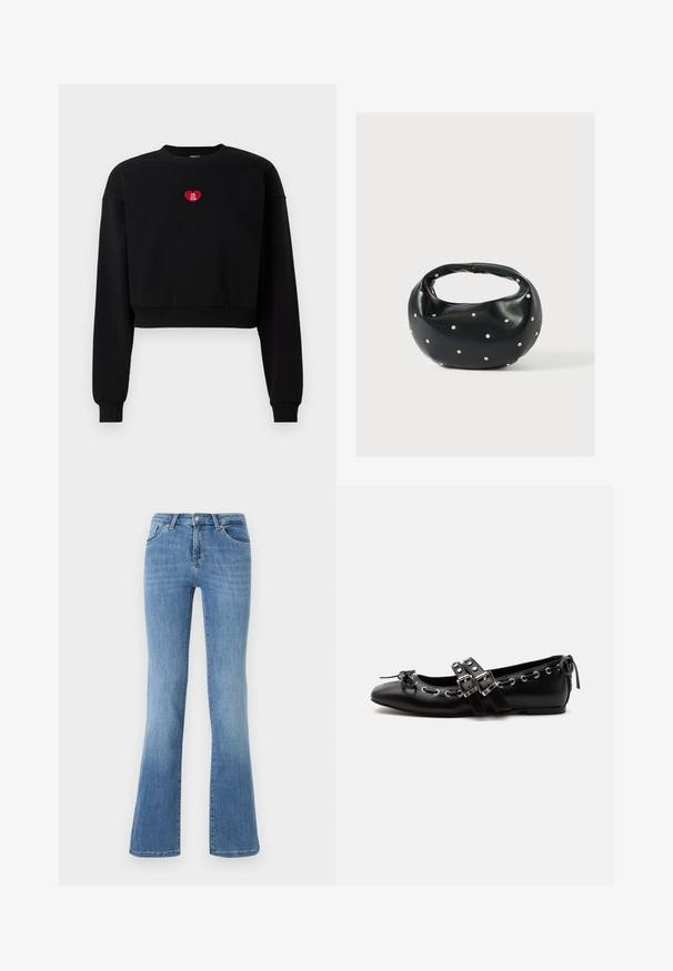 Sort cropped sweatshirt med lange ærmer, ribbede manchetter og et rødt hjerteapplikation med teksten "LOVE YOU CLUB" på brystet.; Lysblå flagrende jeans lavet af denim, med fem lommer, frontlynlås og knaplukning. Afbleget mønster på lårene og kanten.; Sort flad balletsko med dobbelt spænde, sølvøjer og en lille sløjfe nær den runde tå på en hvid baggrund.; Sort læderhåndtaske med en rundet form, dekoreret med sølvnitter, og et kort håndtag. Glat tekstur og lynlåslukning.
