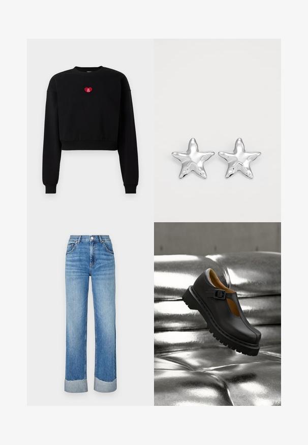 Sort cropped sweatshirt med lange ærmer, ribbede manchetter og et rødt hjerteapplikation med teksten "LOVE YOU CLUB" på brystet.; Lysblå denimjeans med lige pasform, der har en opfoldet kant, fem-lomme-design og en klassisk knap- og lynlåslukning.; Sort læder Mary Jane-sko med tyk rillede sål og spænde-rem, svævende over en skinnende sølvfarvet polstret overflade.; Sølvstjernede øreringe med en poleret, blank overflade. Hver ørering har fem spidser og subtile teksturdetaljer på overfladen.