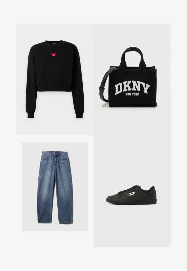 Zwarte cropped sweatshirt met lange mouwen, geribde manchetten en een rode hartpatch met de tekst "LOVE YOU CLUB" op de borst.; Blauwe denim jeans met een relaxte pasvorm, voorzien van vijf zakken, koperen klinknagels en een vervaagde wassing. Rechte pijpen met een nette zoom.; Zwarte sneakers van glad synthetisch materiaal, met een laag model, ronde neus, vetersluiting aan de voorkant en een subtiel logodetail aan de zijkant.; Zwarte DKNY tote bag met korte handvatten, een afneembare zwarte schouderriem en het "DKNY New York" logo in het wit gedrukt op de voorkant.