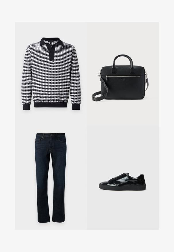 Suéter de manga larga con un patrón en blanco y negro, con cuello, un panel de botones y puños acanalados en el dobladillo y las mangas.; Jeans de mezclilla azul oscuro con corte recto, que presentan un diseño clásico de cinco bolsillos y detalles de costura sutiles.; Zapatillas de charol negro con punta redonda, diseño con cordones, suela de goma texturizada y acabado suave.; Maletín rectangular de cuero negro con textura, con doble asa, bolsillo frontal con cremallera y correa de hombro ajustable, mostrado sobre fondo blanco.
