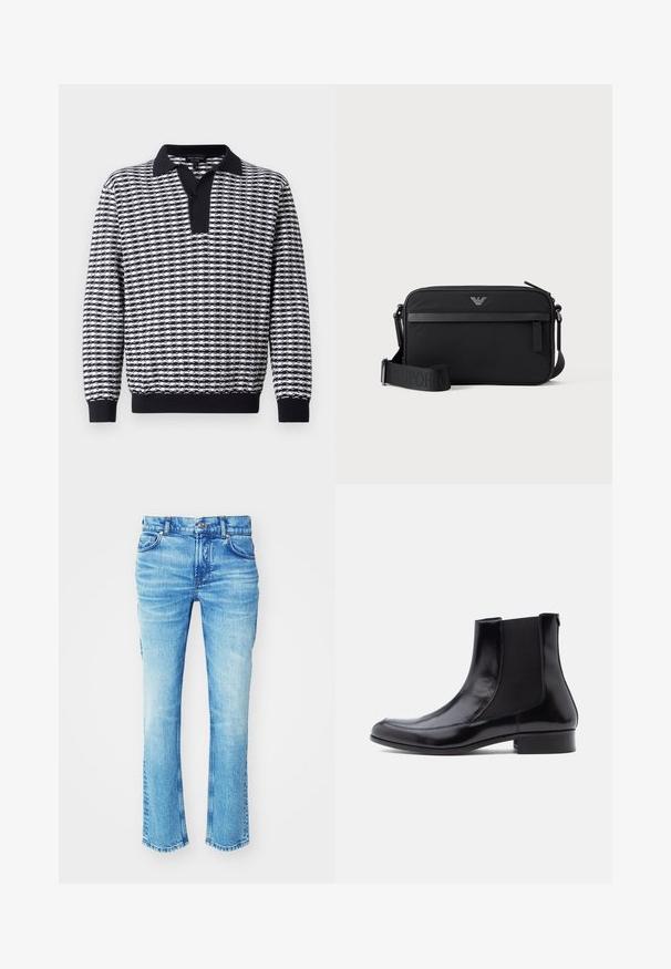 Zwart-wit gestreepte longsleeve pullover met een kraag, voorzien van een knoopsluiting en ribgebreide manchetten aan de onderkant en de mouwen.; Blauwe denim jeans met een vervaagde wassing, recht model en ruwe zoom. Heeft een vijf-pocketstijl en metalen knoopdetails.; Zwarte leren enkellaarsjes met elastische zijpanelen, een gladde textuur, een afgeronde neus en een lage blokhak. Eenvoudig, strak ontwerp met minimale stiksels.; Zwarte rechthoekige crossbodytas met voorvak met rits, verstelbare schouderriem en klein metalen logo bovenaan in het midden.