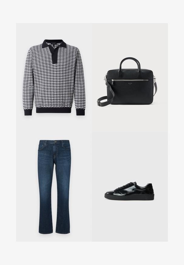 Pull-over à manches longues noir et blanc à motifs, avec un col, doté d'une patte de boutonnage et de poignets côtelés à l'ourlet et aux manches.; Jean en denim bleu foncé avec une coupe droite, cinq poches et une fermeture à bouton en métal. Texture lisse avec un léger dégradé.; Baskets en cuir verni noir avec un bout arrondi, un laçage, une semelle en caoutchouc texturé et une finition lisse.; Serviette rectangulaire en cuir noir texturé avec double poignée, poche avant zippée et bandoulière réglable présentée sur fond blanc.