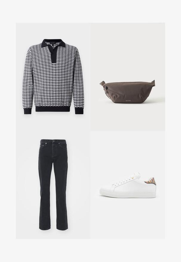 Suéter de manga larga con un patrón en blanco y negro, con cuello, un panel de botones y puños acanalados en el dobladillo y las mangas.; Vaqueros de mezclilla negra con un diseño de pierna recta, que cuentan con cinco bolsillos y un cierre de botón. La tela tiene una textura sutil y un acabado resistente.; Zapatilla de cuero blanca con un acabado suave, que presenta un acento de rayas coloridas en el talón, ojal dorado y suela plana blanca.; Riñonera de tela marrón oscuro con bolsillo diagonal con cremallera y pequeño logo blanco en el frontal, sobre un fondo liso y claro.
