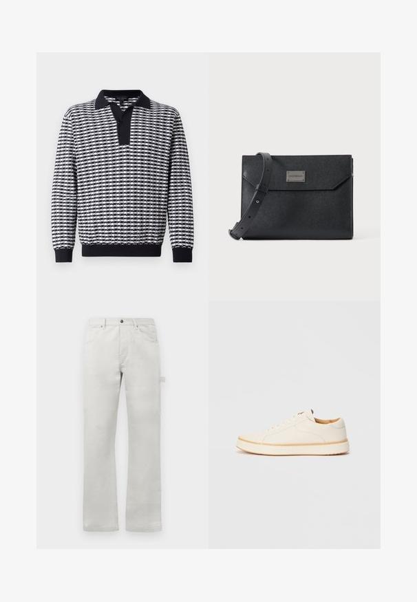 Suéter de manga larga con un patrón en blanco y negro, con cuello, un panel de botones y puños acanalados en el dobladillo y las mangas.; Pantalones gris claro con corte recto, confeccionados en una suave tela de algodón, con bolsillos frontales y un bolsillo lateral tipo cargo.; Zapatilla de cuero blanca con puntera redonda, diseño sencillo de cordones, plantilla acolchada y suela de goma marrón contrastante. Textura suave en toda su superficie.; Bolso bandolera de cuero negro texturizado con correa ajustable y placa metálica con logo en el frente, cierre de solapa rectangular estilo sobre.