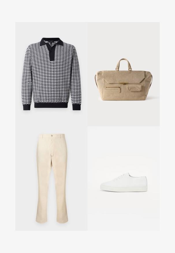 Suéter de manga larga con un patrón en blanco y negro, con cuello, un panel de botones y puños acanalados en el dobladillo y las mangas.; Pantalones beige hechos de una tela suave, con una silueta de pierna recta, cierre frontal con botones y sin patrones o detalles visibles.; Zapatillas de cuero blanco con una textura suave, puntera redonda, suela plana y sutil detalle en oro en el costado. Diseño clásico con cordones.; Bolsa de fin de semana beige de pana con doble asa, cierre de solapa, bolsillo frontal con cremallera y pequeño bolsillo con solapa sobre fondo blanco.
