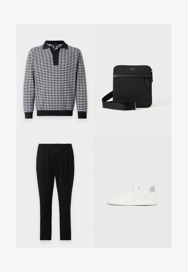 Suéter de manga larga con un patrón en blanco y negro, con cuello, un panel de botones y puños acanalados en el dobladillo y las mangas.; CLOSED VIGO TAPERED - Pantalones chinos - dark night; Zapatilla blanca de corte bajo con pestaña en el talón gris, cordones blancos y suela texturizada, presentada sobre un fondo claro y liso.; Bolso de hombro negro cuadrado con cierre de cremallera, bolsillo delantero y correa ajustable con nombre de marca en relieve.