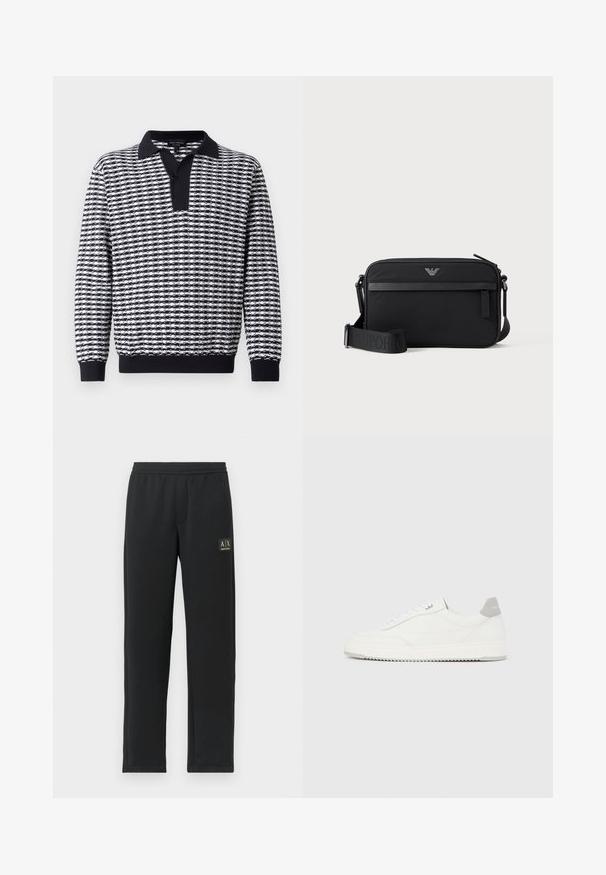 Langærmet pullover i sort og hvidt mønster med krave, inklusiv knaplukning og ribbede manchetter ved kanten og ærmerne.; Sorte sweatpants med lige ben, elastisk talje og sort logo-patch på venstre lår.; Hvid lavtop-sneaker med gråt hælflig, hvide snørebånd og tekstureret sål, vist på en ensfarvet lys baggrund.; Sort rektangulær crossbody-taske med lynlåslomme foran, justerbar rem og lille metallogo øverst i midten.