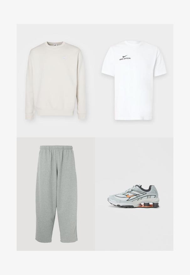 Nike Sportswear CRW - Jersey con capucha - orewood; Camiseta blanca de algodón con mangas cortas. Presenta un logo negro de "Nike Official" y una marca de verificación (swoosh) negra en el lado izquierdo del pecho.; Pantalones deportivos gris claro con cintura elástica, diseño de pernera ajustada y textura suave. Sin marcas visibles ni patrones.; Zapatilla de correr gris claro con detalles en negro, logo naranja, parte superior de malla, collar acolchado y suela de goma con unidades visibles de absorción de impactos.