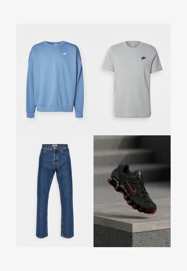 Sinine dressipluus, mis on valmistatud pehmest kangast, ümmarguse kaelusega, pika varrukaga, soonikkoes mansetid ning väikese valge Nike logoga rinnal.; Halli lühikeste varrukatega T-särk, mis on valmistatud puuvillast ja millel on rinnal must Nike'i logo ning ümar kaelus. Minimalistlik disain, ilma mustriteta.; Tumedatest denimist valmistatud teksad, millel on kõrge vöökoht ja sirge jalg. Omab nööbiga sulgemist, viit taskut ja kontrastset õmblust.; Must ja punane Nike spordijalats nähtava vedeliku sarnase tallaga, mis tasakaalustab betoonist astme serval.