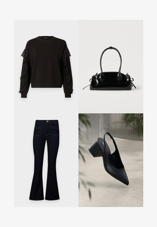 Sweatshirt noir avec des accents en tissu transparent plissé sur les manches, un col rond, et une coupe décontractée avec des poignets et un ourlet côtelés.; Jean flare bleu foncé avec une taille haute, en denim, dotés de deux poches arrière et de surpiqûres contrastées le long des coutures.; Escarpin noir en cuir avec un bout pointu et un talon bloc. Texture lisse, design minimaliste et bride de cheville réglable.; Petit sac à main noir brillant avec deux longues anses et des détails à cordon sur les côtés sur un fond clair uni.