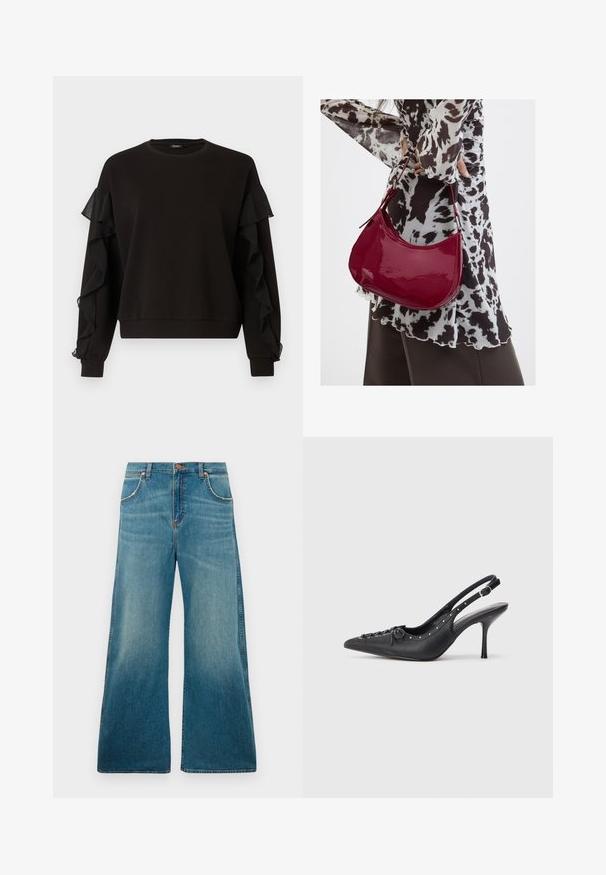 Sweatshirt noir avec des accents en tissu transparent plissé sur les manches, un col rond, et une coupe décontractée avec des poignets et un ourlet côtelés.; Jeans en denim bleu taille haute avec jambes larges, poches avant, fermeture à bouton et dégradé de couleur usé allant de la taille à l'ourlet.; Escarpin en cuir noir à talon aiguille avec un bout pointu, une bride latérale à boucle, des clous le long du bord et un laçage décoratif à l'avant.; Femme portant un chemisier à motif noir et blanc tenant un sac à main rouge brillant sur un fond uni.