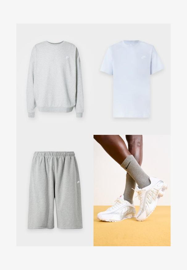 Grå sweatshirt lavet af blandingsstof i bomuld, med rund halsudskæring, sænkede skuldre og et lille hvidt logo på brystet.; Lyseblå bomulds t-shirt med korte ærmer, rund hals og et hvidt Nike-logo trykt på venstre bryst. Glat tekstur, simpelt design.; Grå bomuldsshorts med elastik i taljen, med løs pasform og et lille hvidt logo nær kanten. Glat tekstur, længde over knæet.; Nike sneakers i hvid med sølv accenter, der har teksturerede paneler og perforeringer. Sammen med grå ribbede sokker, sat mod en gul baggrund.