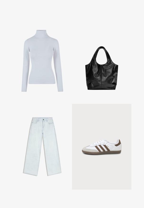 Pull à col roulé gris clair en tissu doux et côtelé. Comprend des manches longues, une coupe ajustée et un col haut et près du cou.; Jean bleu clair à jambes larges avec fermeture à boutons et fermeture éclair sur le devant, passants pour ceinture et style cinq poches, posé à plat sur un fond blanc.; Basket Adidas Samba blanche et marron avec trois bandes marron, lacets et semelle texturée, vue de côté sur fond uni.; Sac fourre-tout en cuir noir avec une texture lisse, un haut arrondi doux et de larges poignées. Présente une couture minimale et une silhouette décontractée.