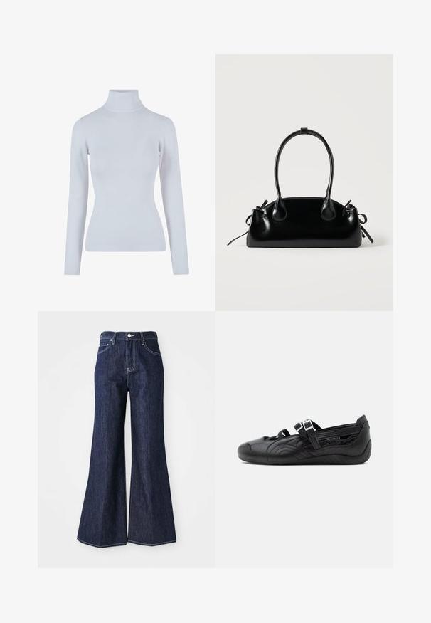 Lys grå turtleneck sweater lavet af et blødt, ribbet stof. Har lange ærmer, en tætsiddende pasform og en høj, tætsiddende krave.; Mørke denim flared jeans med høj talje, der har knap- og lynlåslukning. Hvide syninger og brede ben skaber en struktureret silhuet.; Sort flad Mary Jane sko med tekstureret mønster, to justerbare spænderem, og lavprofilsål på ensfarvet baggrund.; Lille sort blank håndtaske med to lange håndtag og snøre-detaljer i siden på en ensfarvet lys baggrund.