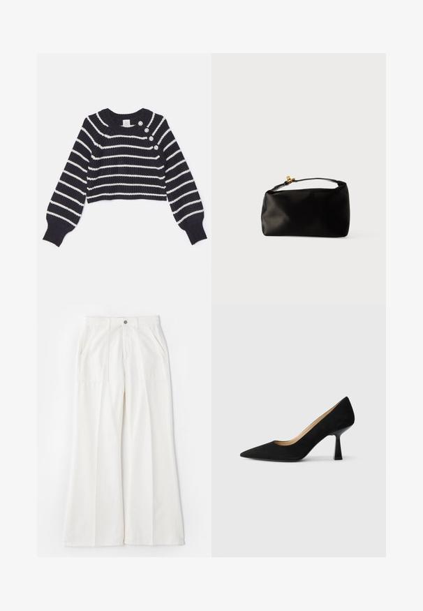 Cinq à Sept KEREN - Svetrík - navy/ivory; Biele široké nohavice vyrobené z jemného materiálu, s prednými vreckami a jedným gombíkom na zapínanie, s čistým a minimalistickým dizajnom.; Čierne semišové lodičky na vysokom opätku so špicatou špičkou, ktoré majú lesklý čierny blokový opätok a hladké vnútorné podšívku.; Čierna saténová taška v tvare guľatého pohlavia, s hornou rúčkou a zlatým zapínaním. Hladký povrch s minimalistickým dizajnom.