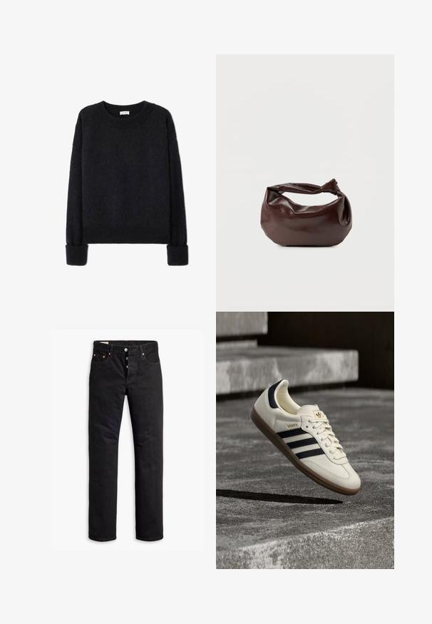 Donkerblauwe wollen trui met lange mouwen, een ronde halslijn en geribde manchetten en zoom. Zachte textuur met een relaxte pasvorm.; Zwarte denim jeans met een rechte snit, vijf-pocket ontwerp en een knoopsluiting. Beschikt over koperen klinknagels en stikselaccenten.; Witte Adidas Samba sneaker met zwarte strepen en gumzool, zwevend boven gestructureerde grijze betonnen treden.; Donkerbruine leren schoudertas met een zachte, slungelige vorm en een gedraaide knoopvormige handgreep op een effen witte achtergrond.