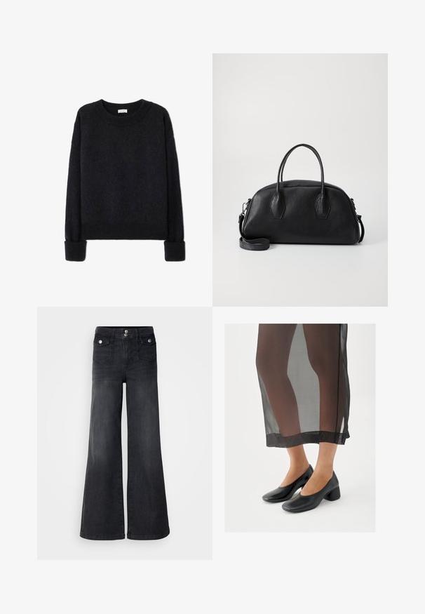 Donkerblauwe wollen trui met lange mouwen, een ronde halslijn en geribde manchetten en zoom. Zachte textuur met een relaxte pasvorm.; Zwarte denim wijd uitlopende jeans met een hoge taille, voorste knopen en twee voorzakken; soepele textuur met een lichte vervaging.; Zwarte schoenen met blokhak en een gladde leren afwerking, gedragen met een doorschijnende zwarte rok met een nette zoom en minimalistisch ontwerp.; Zwarte leren handtas met een ronde vorm, dubbele handvatten aan de bovenkant, gestructureerd oppervlak en een afneembare schouderband. Twee hexagonale accenten aan de zijkanten.